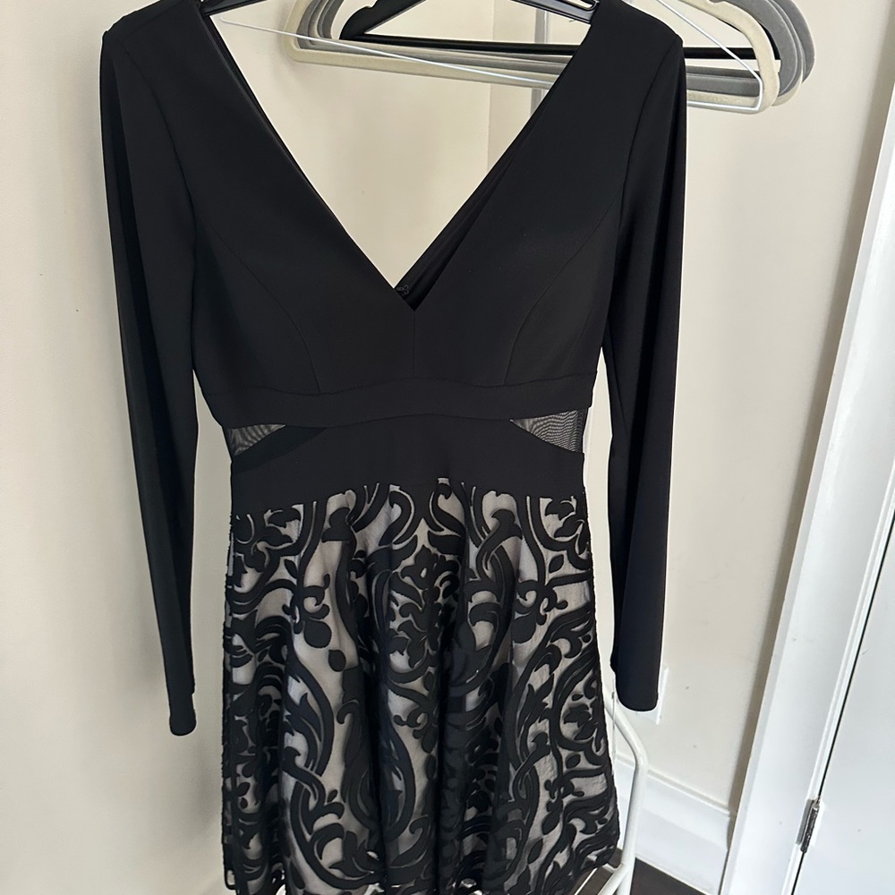 Xscape Black Mini Dress with Sheer Pattern
